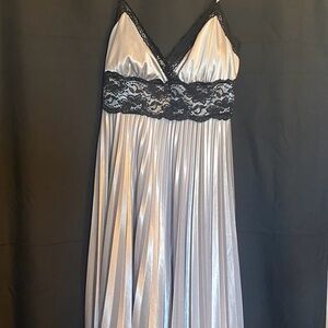XOXO Vintage Y2K Satin Silver Slip Slip Dress with Black Lace Trim, Size L